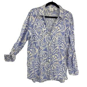 Nicole Miller Large Linen Button Up Shirt Blue Tropical Floral Print Roll Tab
